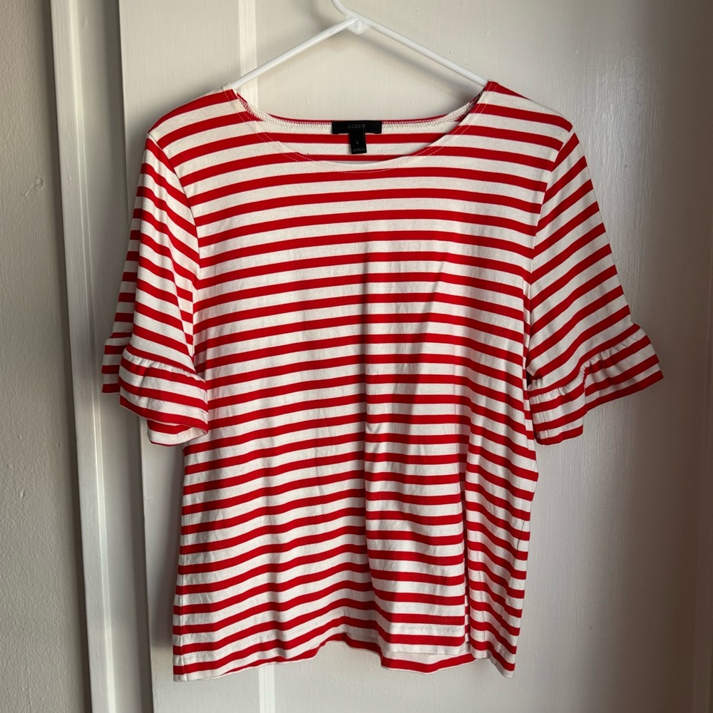 J. Crew Red Striped Ruffle Sleeve Top